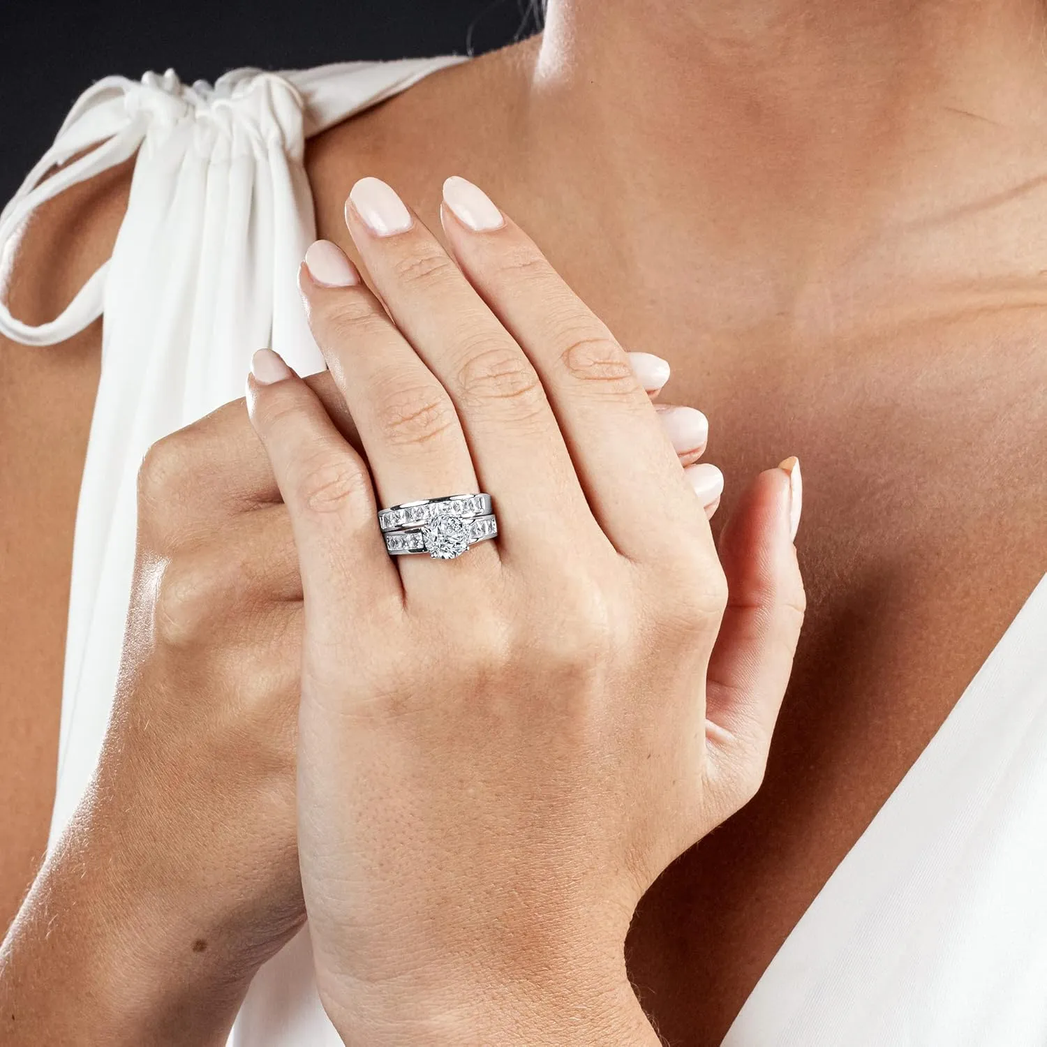 2 Carats Sterling Silver Bridal Set Cubic Zirconia Engagement Wedding Ring Bands with Round and Princess Cut