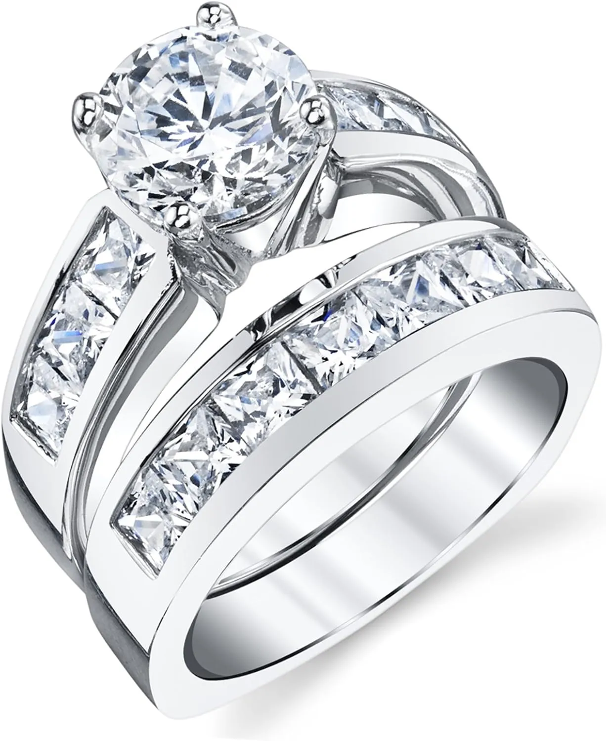 2 Carats Sterling Silver Bridal Set Cubic Zirconia Engagement Wedding Ring Bands with Round and Princess Cut