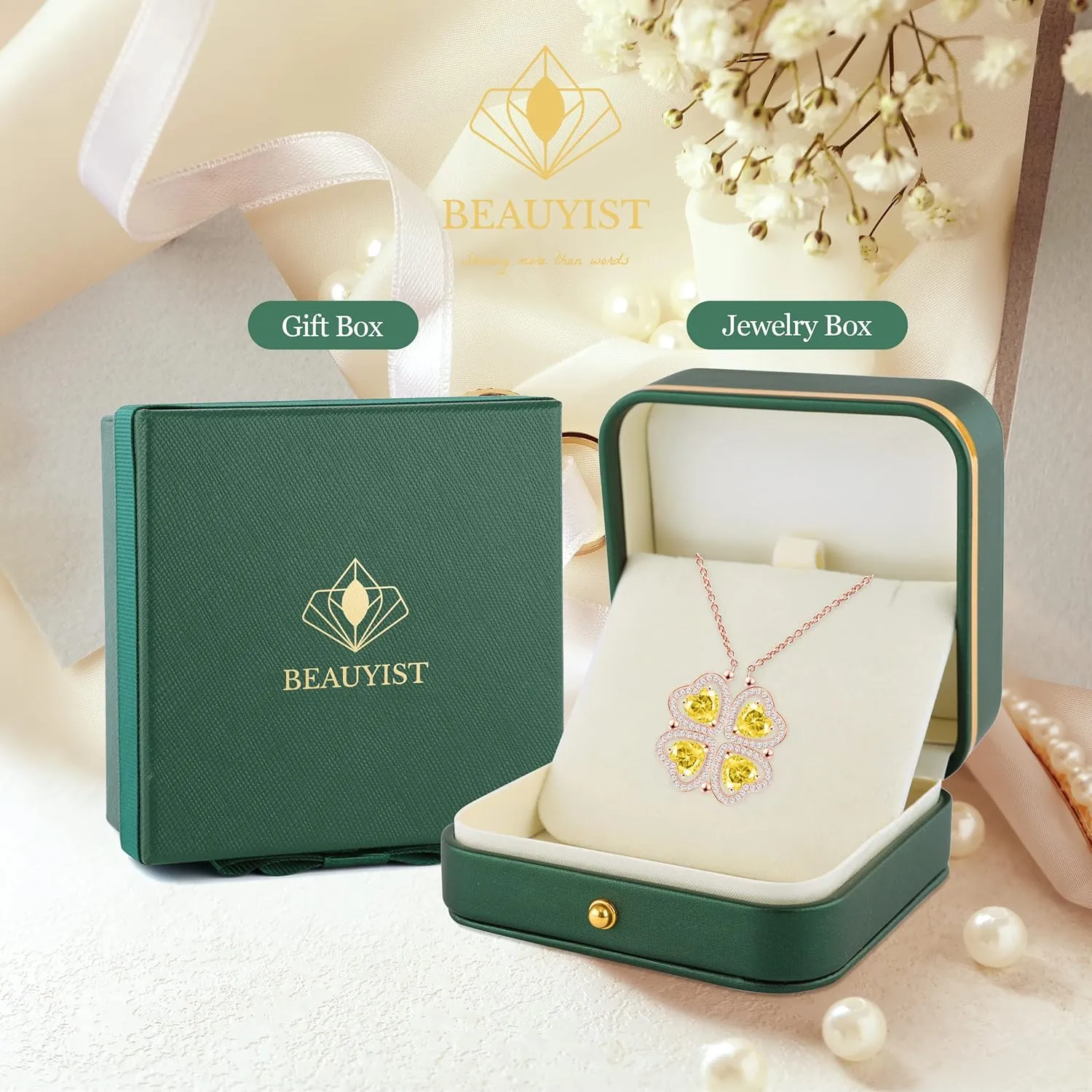 2 IN 1 Lucky Four Leaf Clover Necklaces for Women, Shamrock CZ Birthstone folding Heart Necklace, Extendable & Foldable Jewelry Gifts