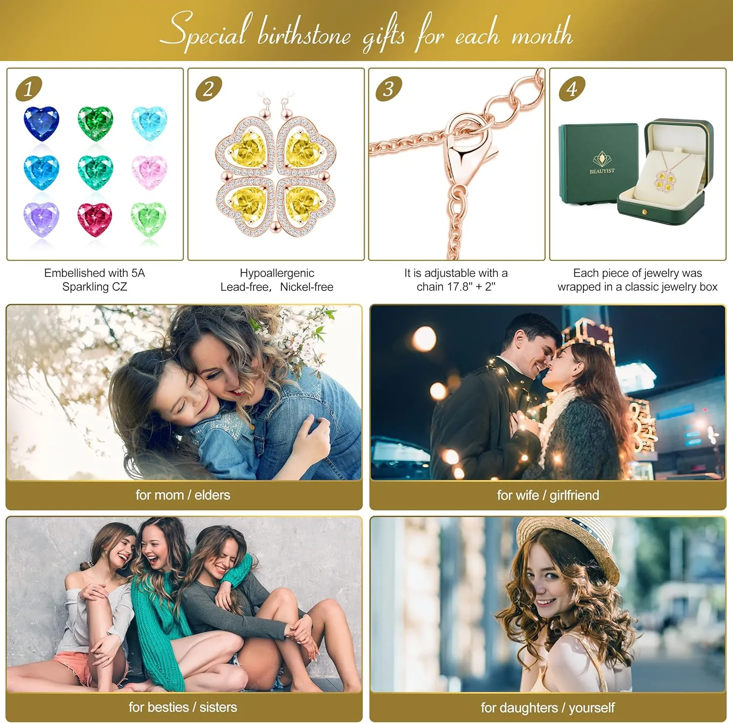 2 IN 1 Lucky Four Leaf Clover Necklaces for Women, Shamrock CZ Birthstone folding Heart Necklace, Extendable & Foldable Jewelry Gifts