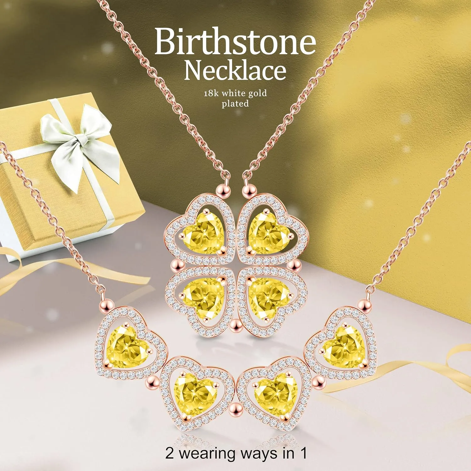2 IN 1 Lucky Four Leaf Clover Necklaces for Women, Shamrock CZ Birthstone folding Heart Necklace, Extendable & Foldable Jewelry Gifts