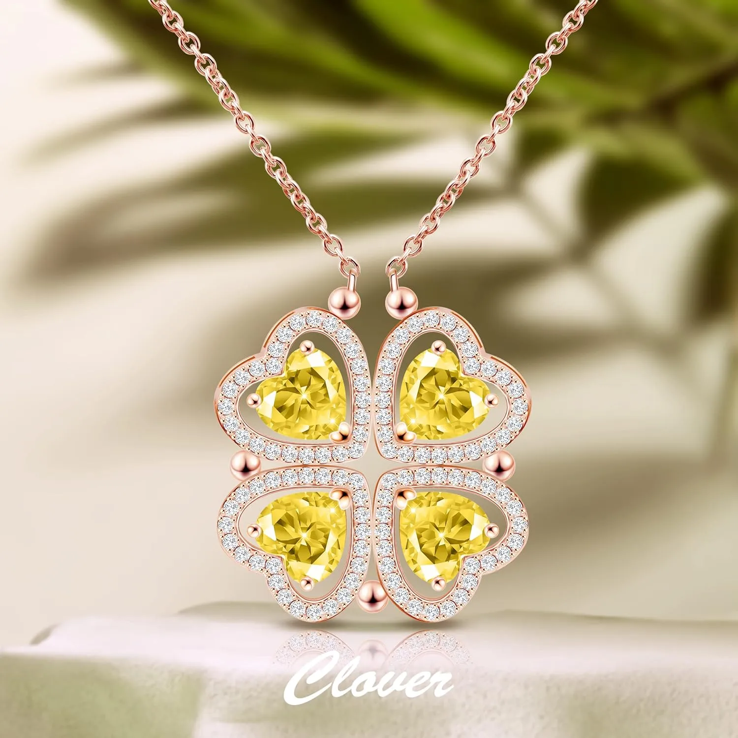 2 IN 1 Lucky Four Leaf Clover Necklaces for Women, Shamrock CZ Birthstone folding Heart Necklace, Extendable & Foldable Jewelry Gifts