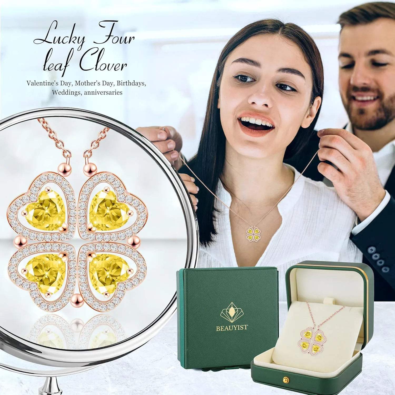 2 IN 1 Lucky Four Leaf Clover Necklaces for Women, Shamrock CZ Birthstone folding Heart Necklace, Extendable & Foldable Jewelry Gifts