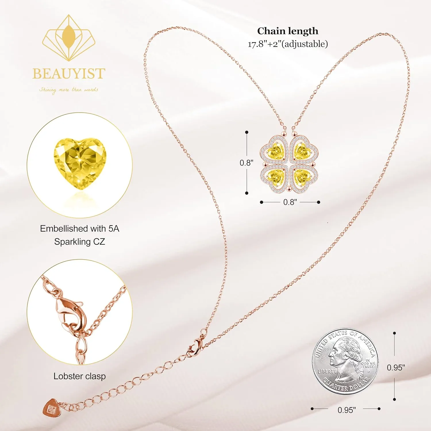 2 IN 1 Lucky Four Leaf Clover Necklaces for Women, Shamrock CZ Birthstone folding Heart Necklace, Extendable & Foldable Jewelry Gifts