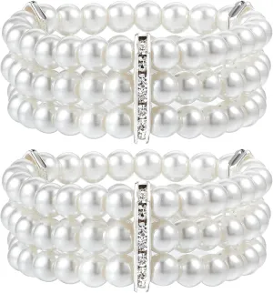 2 PCS Pearl Bracelets for Women, Multilayered Pearl Stretch Bracelets, 3 Rows White Faux Pearls Wrist Bracelet Set for Wedding Party Gift Daily Wear