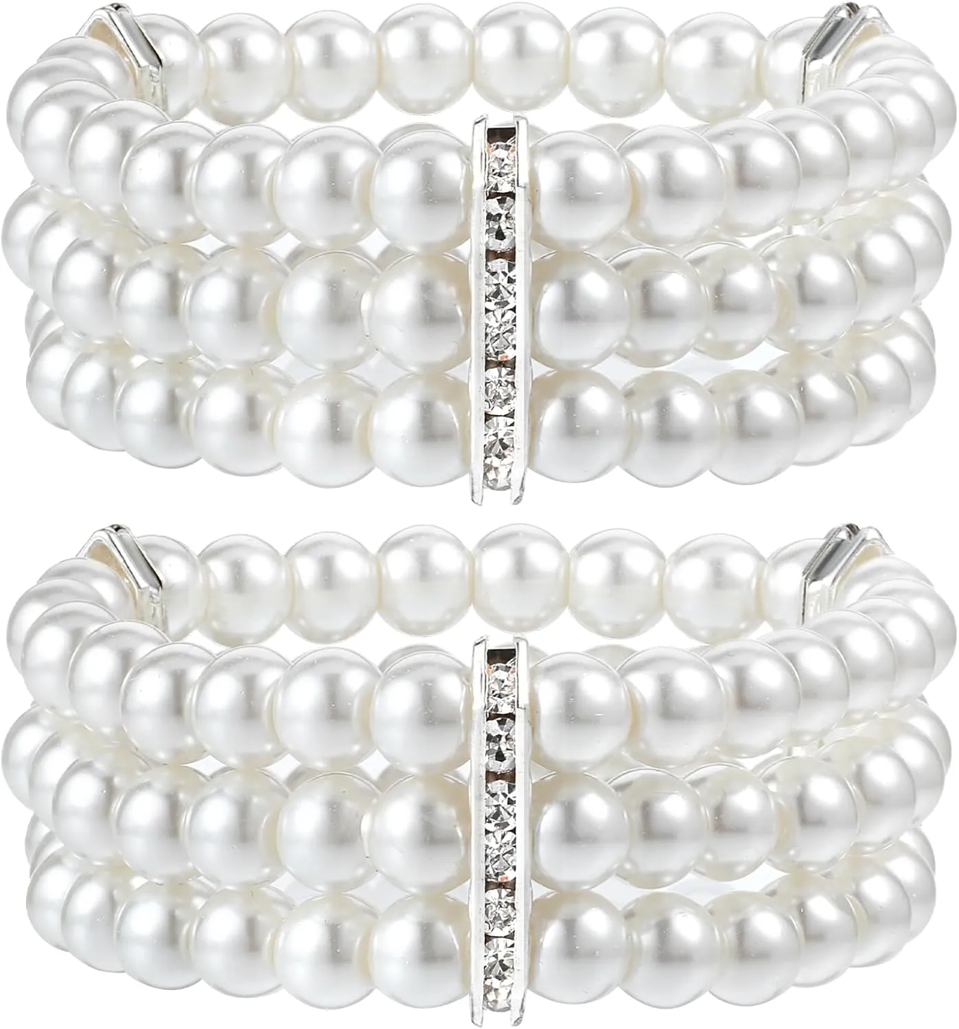 2 PCS Pearl Bracelets for Women, Multilayered Pearl Stretch Bracelets, 3 Rows White Faux Pearls Wrist Bracelet Set for Wedding Party Gift Daily Wear