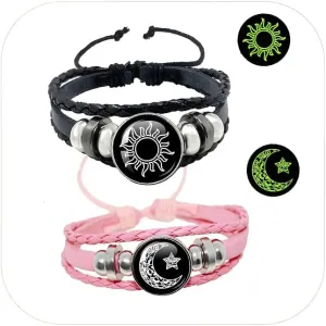 2 Pcs Sun Moon Bracelet for Couples Luminous Braided Bracelet Matching Bracelets Jewelry for Women Men