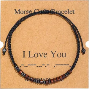 2 Sets Morse Code Bracelets for Couples - Secret Message Bracelets with Adjustable String, Inspirational Gifts for Him & Her, Boyfriend Girlfriend Matching Jewelry