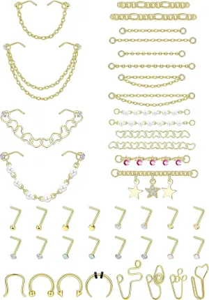 20G Nose Rings Studs with Chains African Nose Ring Cuff Horseshoe Septum Rings Stainless Steel Star Heart Nose Ring Chain Piercing Jewelry Set for Women Men