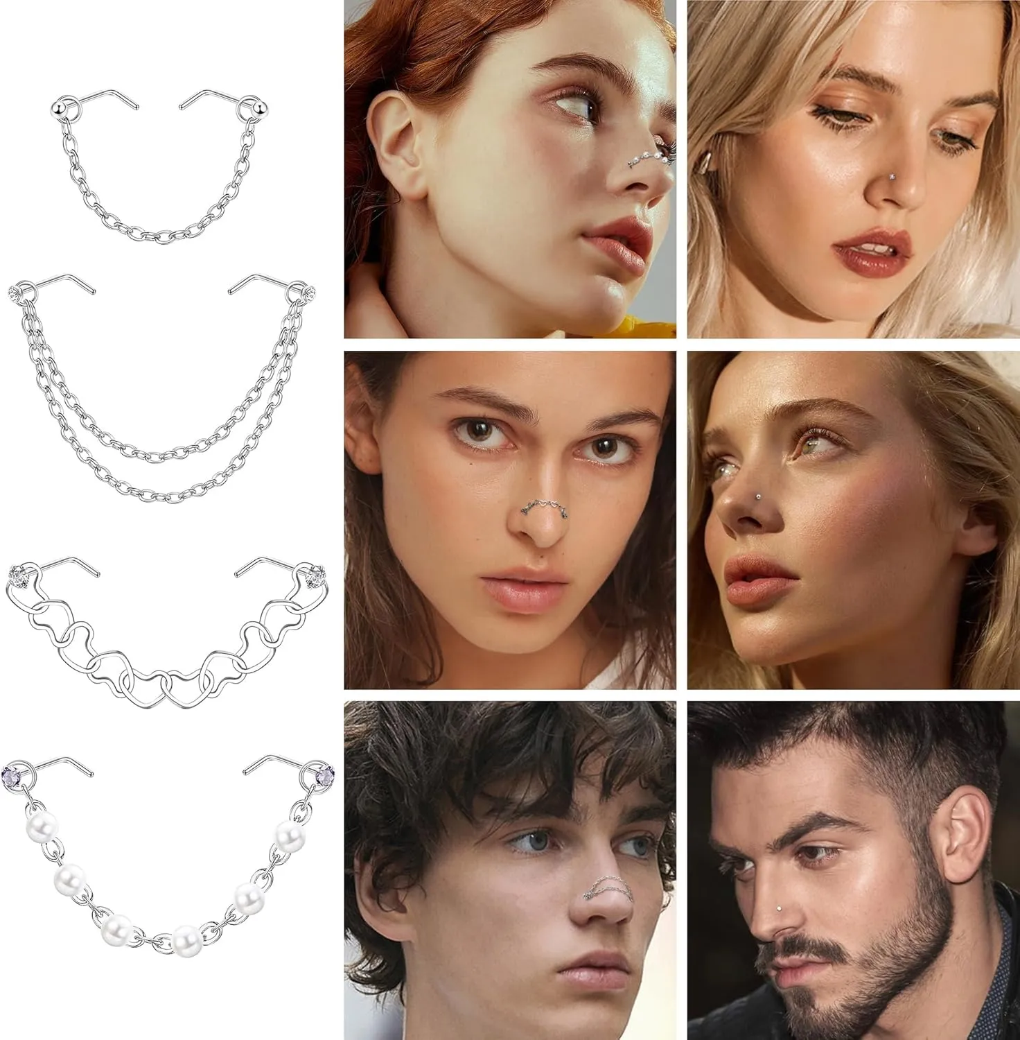 20G Nose Rings Studs with Chains African Nose Ring Cuff Horseshoe Septum Rings Stainless Steel Star Heart Nose Ring Chain Piercing Jewelry Set for Women Men
