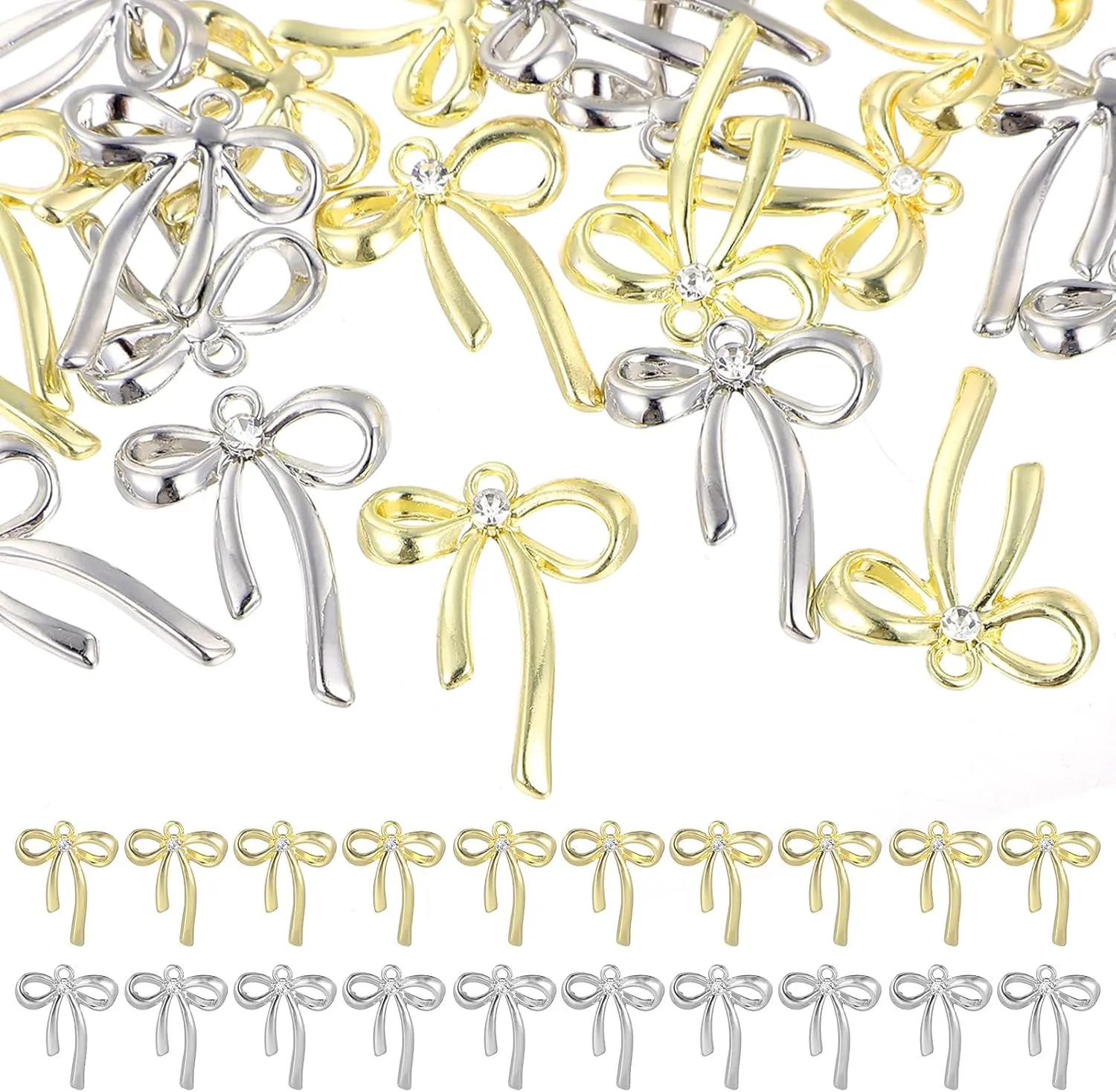 20Pcs Gold Silver Plated Bowknot Charms, Rhinestones Bow Charms for Jewelry Making Small Bowknot Charm Pendant Connector DIY Bracelet Metal Bow Beads Charms for Earrings Necklaces