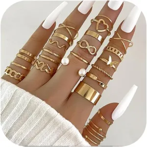 22Pcs Gold Knuckle Rings Set for Women,Boho Dainty Stackable Joint Finger Midi Ring Pack Simple Cute Pearl Butterfly Heart Rings Adjustable Statement Jewelry Mixed Size