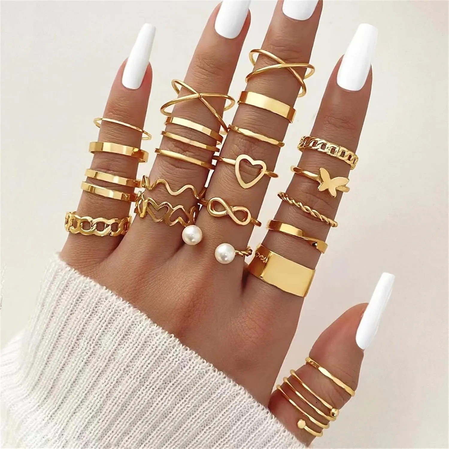 22Pcs Gold Knuckle Rings Set for Women,Boho Dainty Stackable Joint Finger Midi Ring Pack Simple Cute Pearl Butterfly Heart Rings Adjustable Statement Jewelry Mixed Size