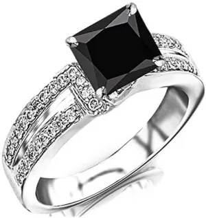 2.35 Carat t.w 14K White Gold Twisting Split Shank Contemporary Diamond Engagement Ring w/a 2 Carat Princess Cut Black Diamond Heirloom Quality