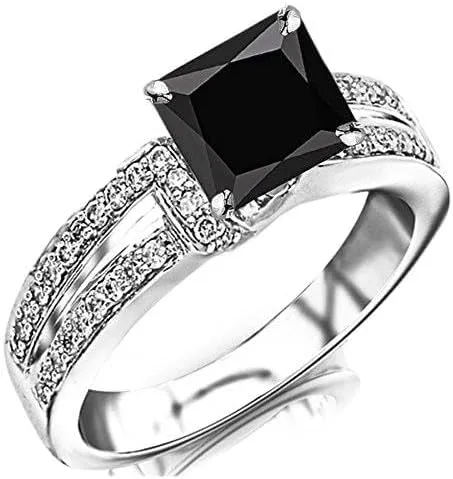 2.35 Carat t.w 14K White Gold Twisting Split Shank Contemporary Diamond Engagement Ring w/a 2 Carat Princess Cut Black Diamond Heirloom Quality