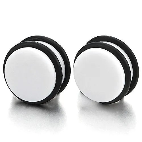2pcs 9MM Magnetic White Circle Stud Earrings for Men Women, Non-Piercing Fake Ear Plugs Gauge