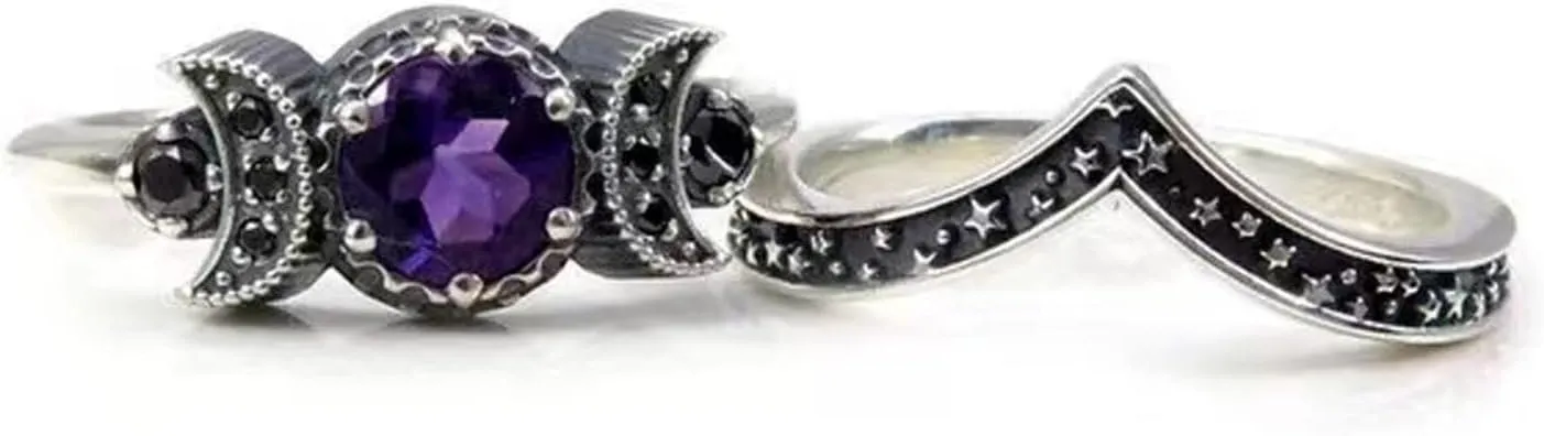 2Pcs Vintage Bohemian Crystal Moon Goddess Cocktail Stacking Rings Set Gothic Hip Hop Punk Party Rhinestone Statement Ring for Women Jewelry Accessories
