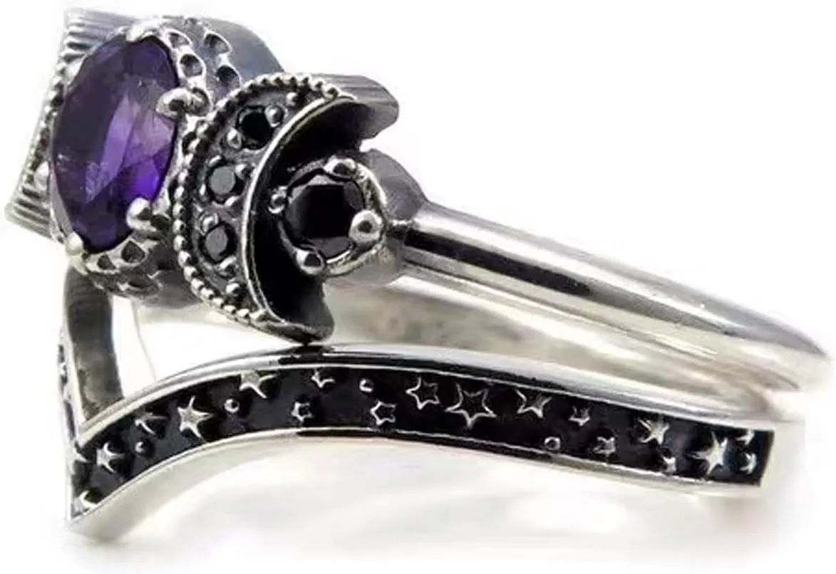 2Pcs Vintage Bohemian Crystal Moon Goddess Cocktail Stacking Rings Set Gothic Hip Hop Punk Party Rhinestone Statement Ring for Women Jewelry Accessories