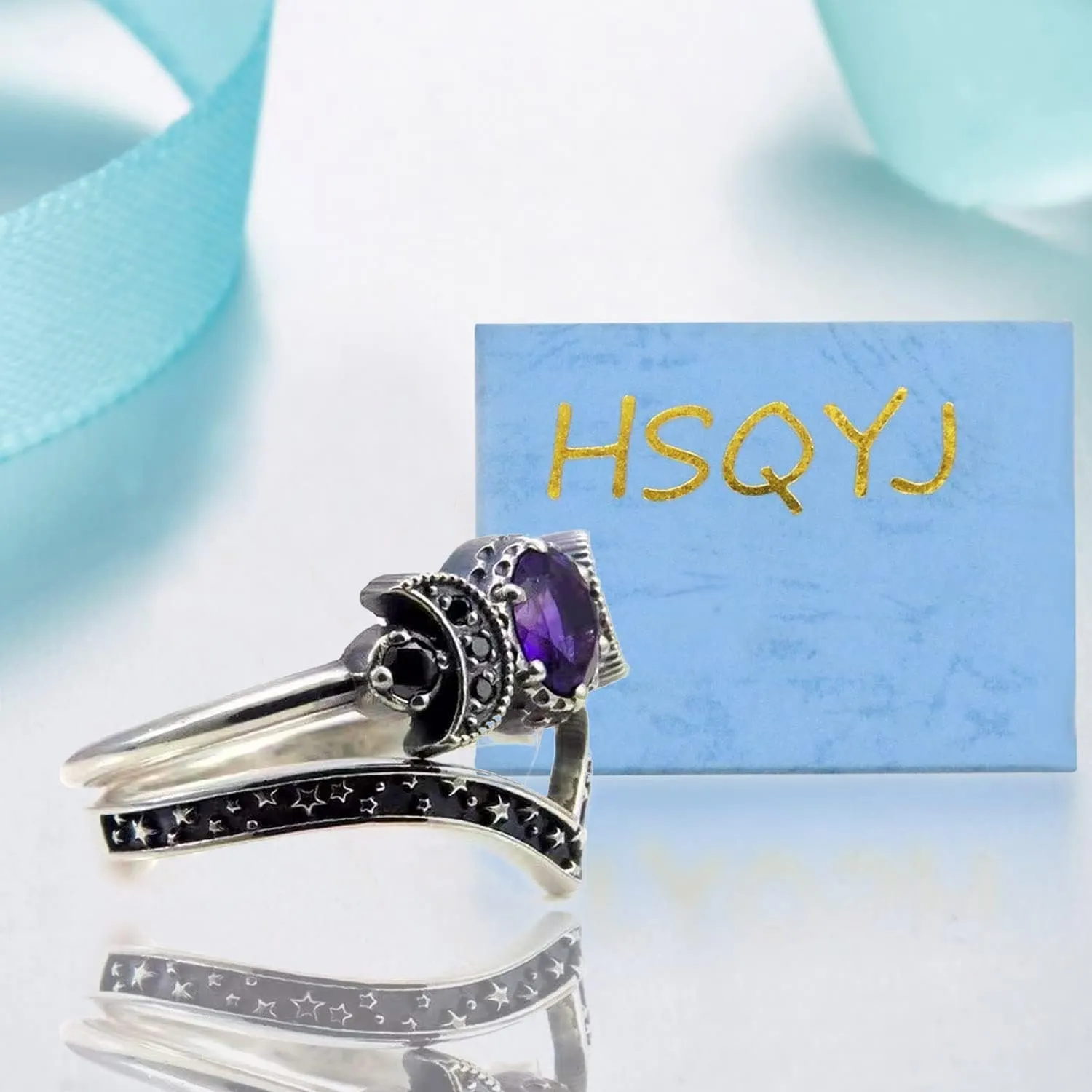 2Pcs Vintage Bohemian Crystal Moon Goddess Cocktail Stacking Rings Set Gothic Hip Hop Punk Party Rhinestone Statement Ring for Women Jewelry Accessories