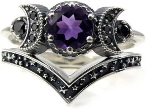 2Pcs Vintage Bohemian Crystal Moon Goddess Cocktail Stacking Rings Set Gothic Hip Hop Punk Party Rhinestone Statement Ring for Women Jewelry Accessories