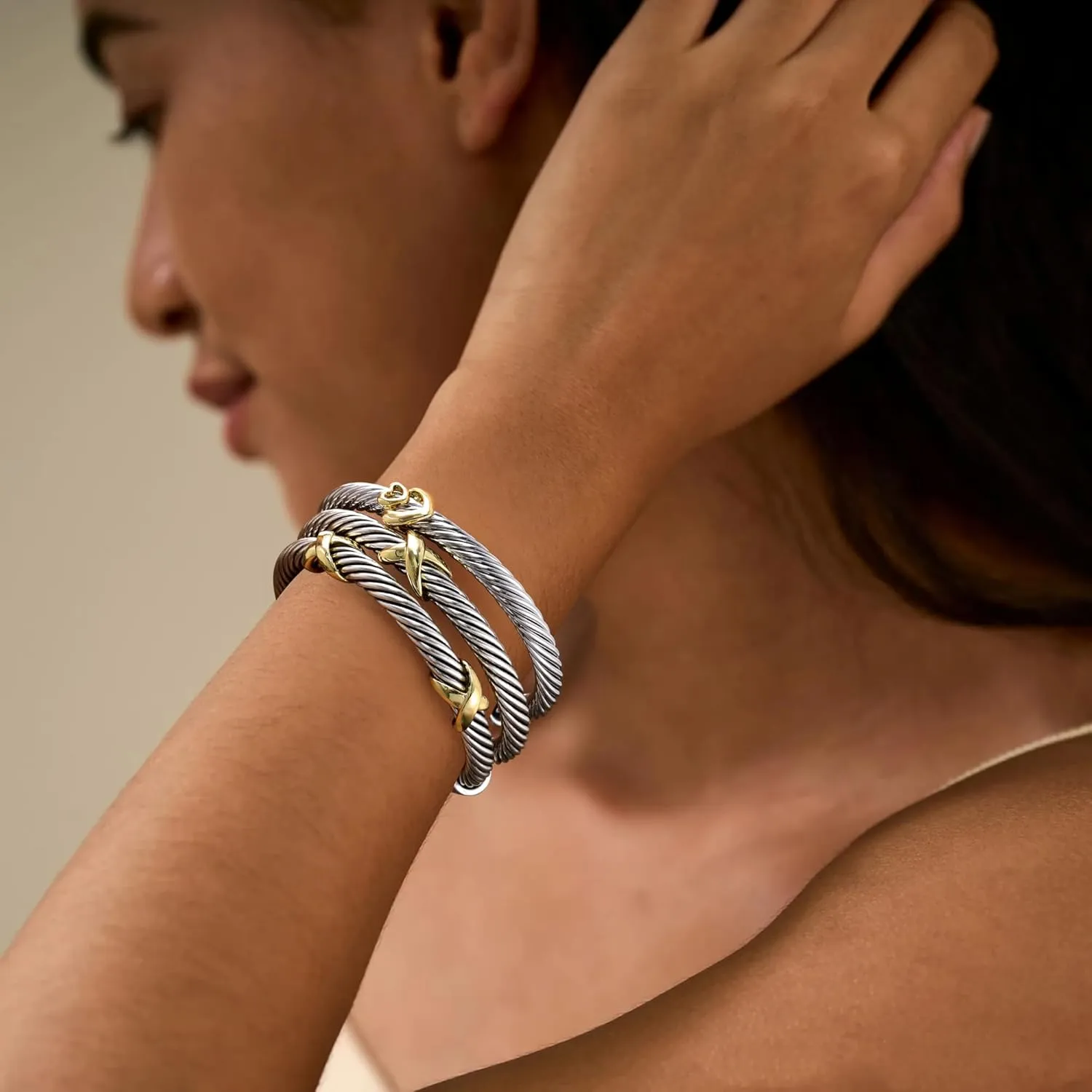 3 Pcs Cuff Bracelets for Women Cable Wire Bracelet - Two Tone Twisted Bangle Bracelet Stackable - Gold Hook Silver Cuff Vintage Heart Bracelets Jewelry