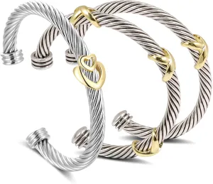 3 Pcs Cuff Bracelets for Women Cable Wire Bracelet - Two Tone Twisted Bangle Bracelet Stackable - Gold Hook Silver Cuff Vintage Heart Bracelets Jewelry