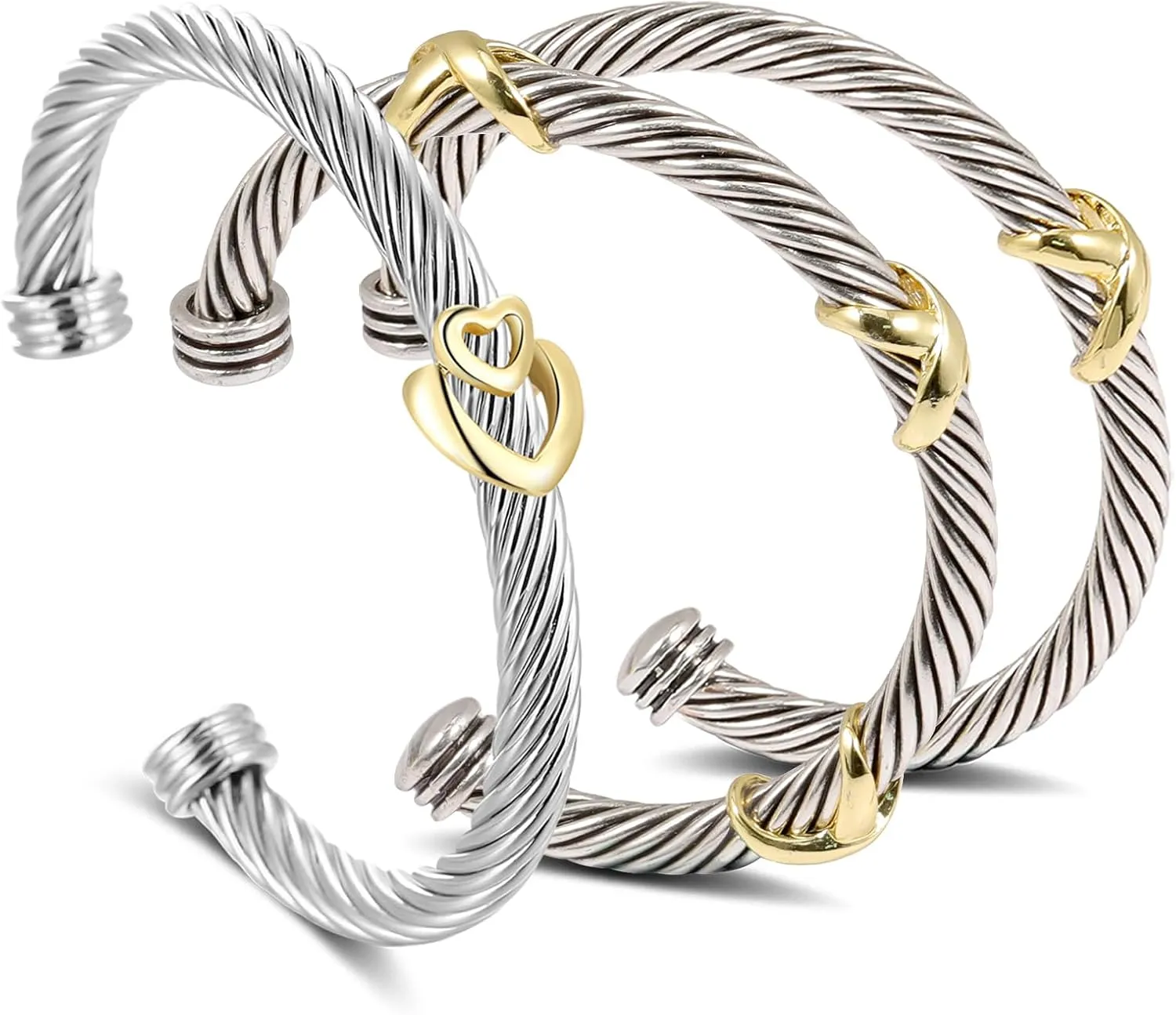 3 Pcs Cuff Bracelets for Women Cable Wire Bracelet - Two Tone Twisted Bangle Bracelet Stackable - Gold Hook Silver Cuff Vintage Heart Bracelets Jewelry