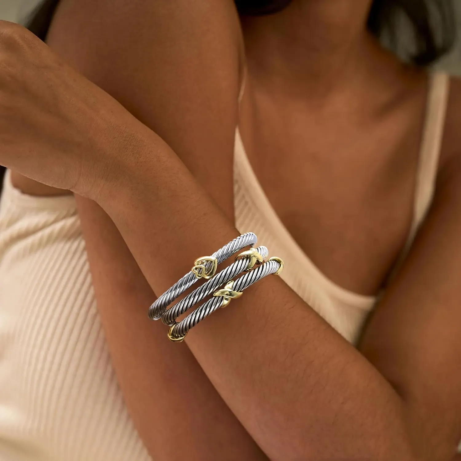 3 Pcs Cuff Bracelets for Women Cable Wire Bracelet - Two Tone Twisted Bangle Bracelet Stackable - Gold Hook Silver Cuff Vintage Heart Bracelets Jewelry