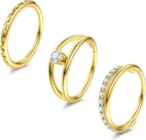 316L Nose Rings Hoops 14k Gold Surgical Steel 3Pcs Gold Hoop Nose Rings 18G Hinged CZ Conch Piercing Jewelry 8MM/10MM Septum Clicker Lip Rings Cartilage Earring