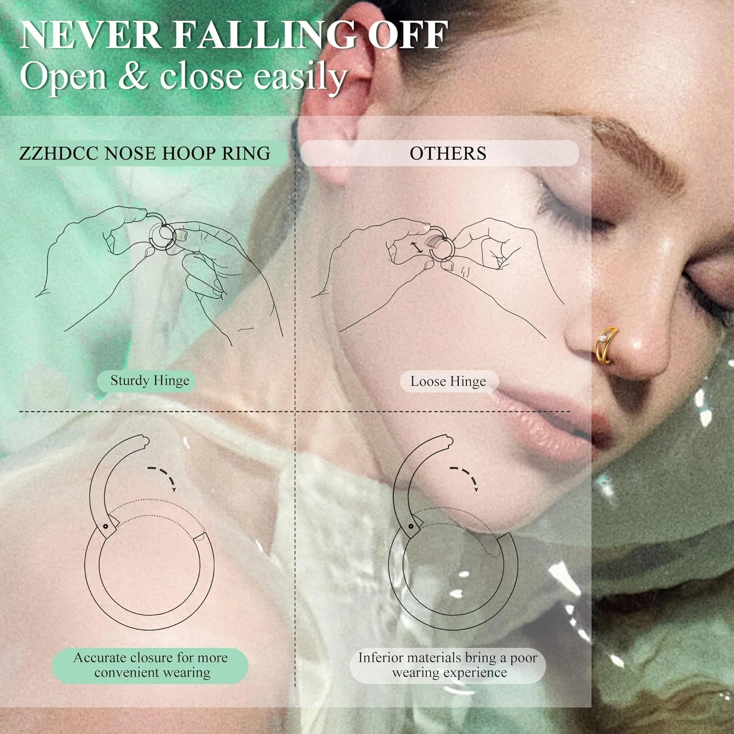 316L Nose Rings Hoops 14k Gold Surgical Steel 3Pcs Gold Hoop Nose Rings 18G Hinged CZ Conch Piercing Jewelry 8MM/10MM Septum Clicker Lip Rings Cartilage Earring