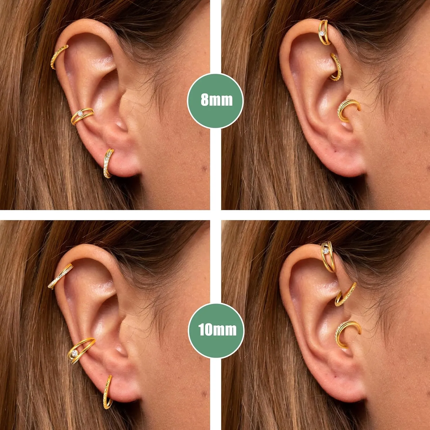 316L Nose Rings Hoops 14k Gold Surgical Steel 3Pcs Gold Hoop Nose Rings 18G Hinged CZ Conch Piercing Jewelry 8MM/10MM Septum Clicker Lip Rings Cartilage Earring