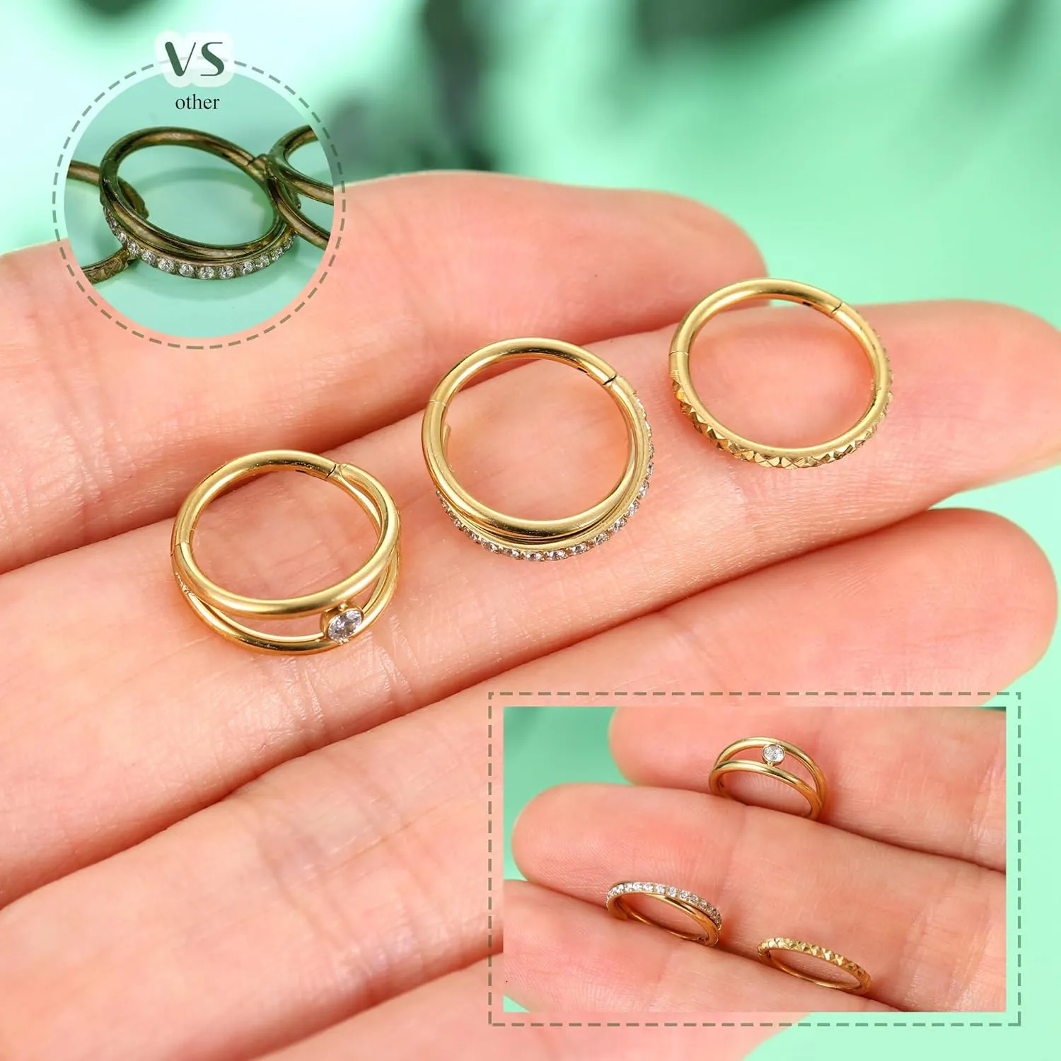 316L Nose Rings Hoops 14k Gold Surgical Steel 3Pcs Gold Hoop Nose Rings 18G Hinged CZ Conch Piercing Jewelry 8MM/10MM Septum Clicker Lip Rings Cartilage Earring