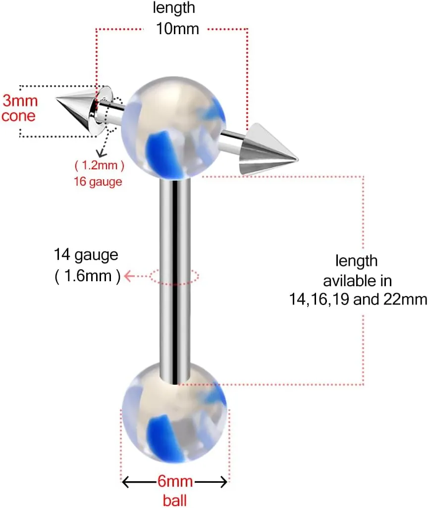 316L Surgical Steel Barbell with UV Pyrex Glass Look Ball Tongue Rings