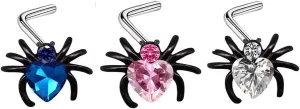 3Pcs 20G Spider L-Shaped Nose Studs Rings for Women 316L Stainless Steel Cubic Zirconia Spiders Nose Rings Studs Screws Halloween Nose Nostril Piercing Jewelry