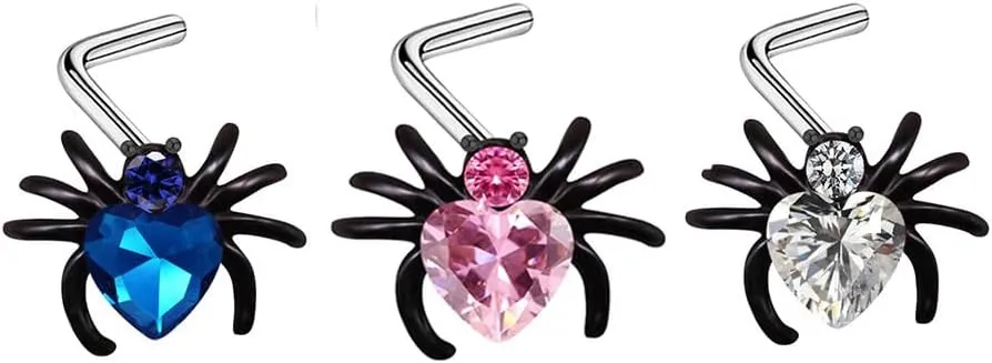 3Pcs 20G Spider L-Shaped Nose Studs Rings for Women 316L Stainless Steel Cubic Zirconia Spiders Nose Rings Studs Screws Halloween Nose Nostril Piercing Jewelry