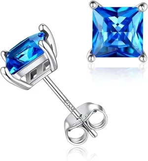 4.25Ct Princess Cut Blue Diamond Stud Earrings 14K White Gold Plated 925 Sterling Silver Best Gift For Valentine