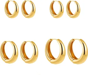 4Pairs Chunky Gold Hoop Earrings for Women Men, Trendy Gold Plated Hoop Earrings, Hypoallergenic Lightweight Earrings, Earrings Sets for Multiple Piercing