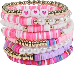 5-12Pcs Surfer Bead Bracelets Set Y2k Star Love Heart Charms Bracelets Vinyl Disc Heishi Colorful Clay Beaded Stretch Bracelet for Women Boho Summer Beach Stackable Jewelry Gifts
