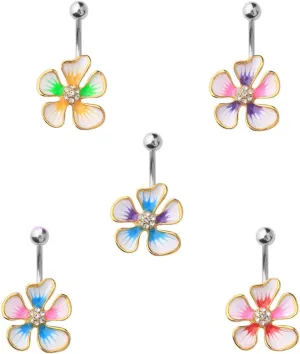 5 - Assorted Set 14 Gauge 3/8 Inch 316L Gold IP Surgical Steel Barbell Belly Button Navel Rings Dangles Hibiscus CZ Flower B629 Color Yellow Purple Blue Red Pink Green