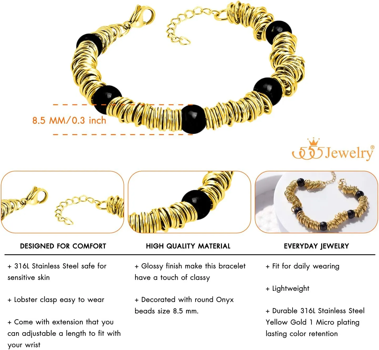555Jewelry Stainless Steel Extendable Charm Discs & Beads Bracelet for Women