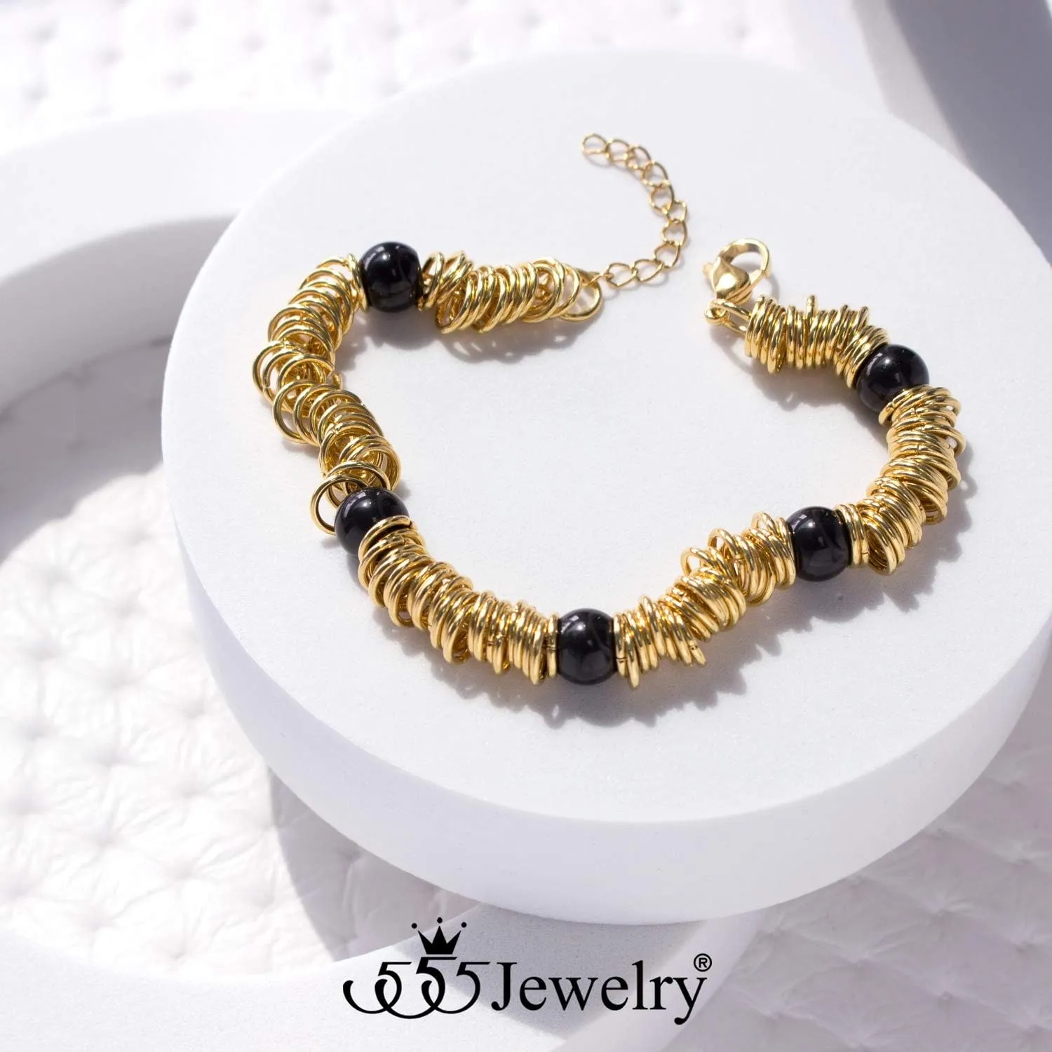 555Jewelry Stainless Steel Extendable Charm Discs & Beads Bracelet for Women