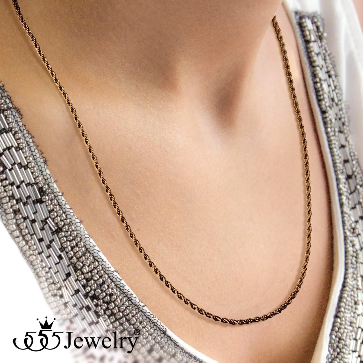 555Jewelry Stainless Steel Hypoallergenic Twisted Singapore Rope Chain Necklace