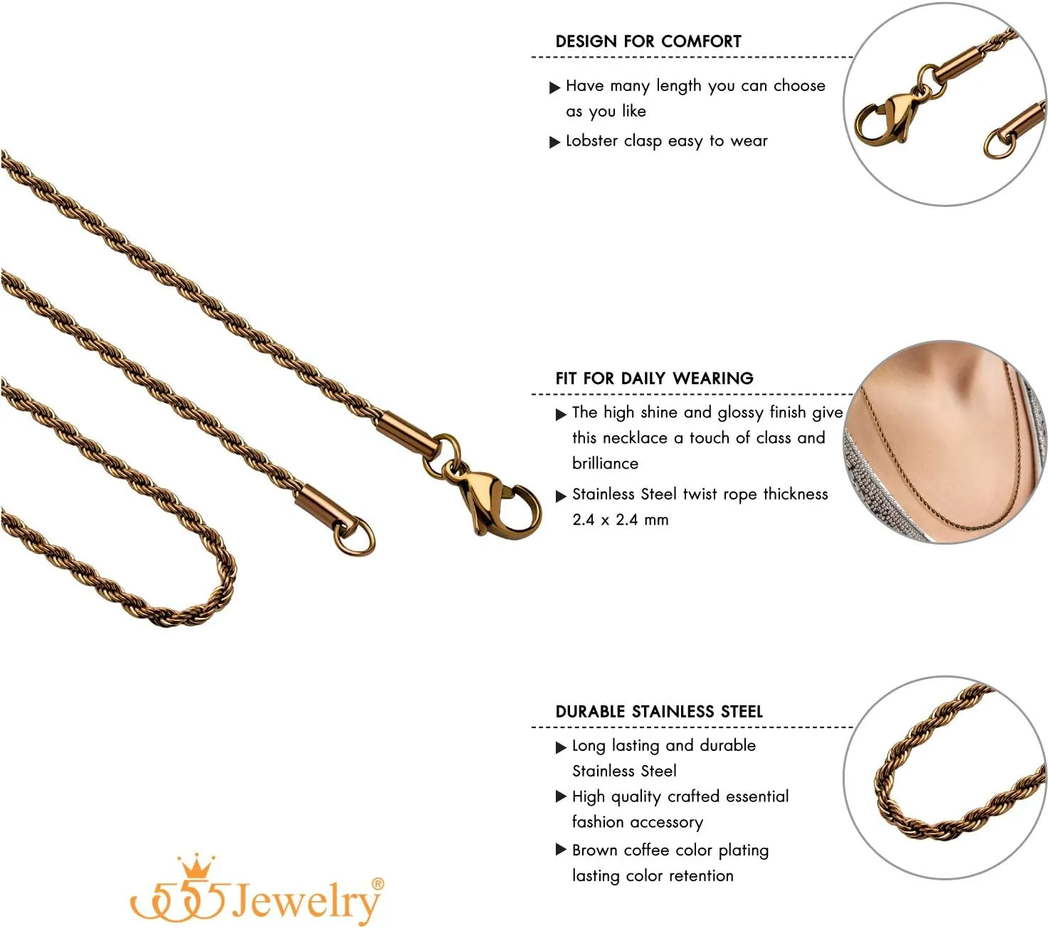 555Jewelry Stainless Steel Hypoallergenic Twisted Singapore Rope Chain Necklace