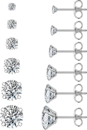6 Pairs Stud Earrings Set, Hypoallergenic Cubic Zirconia 316L Earrings Stainless Steel CZ Earrings 3-8mm