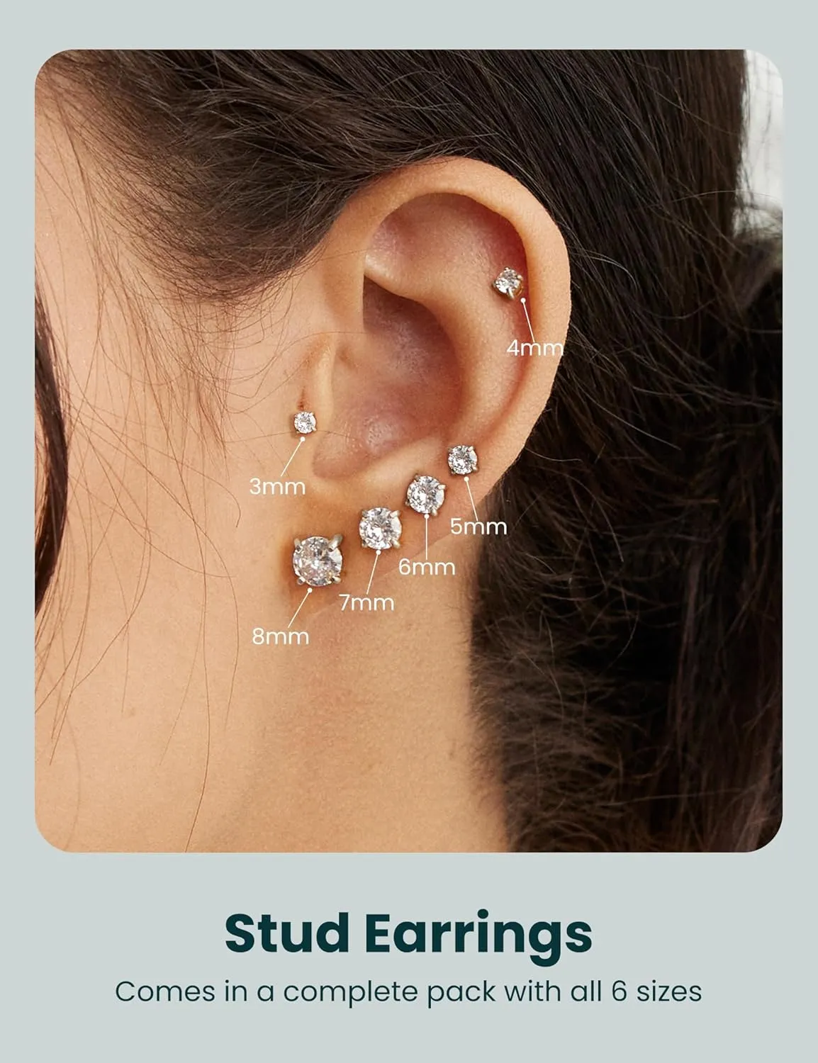 6 Pairs Stud Earrings Set, Hypoallergenic Cubic Zirconia 316L Earrings Stainless Steel CZ Earrings 3-8mm