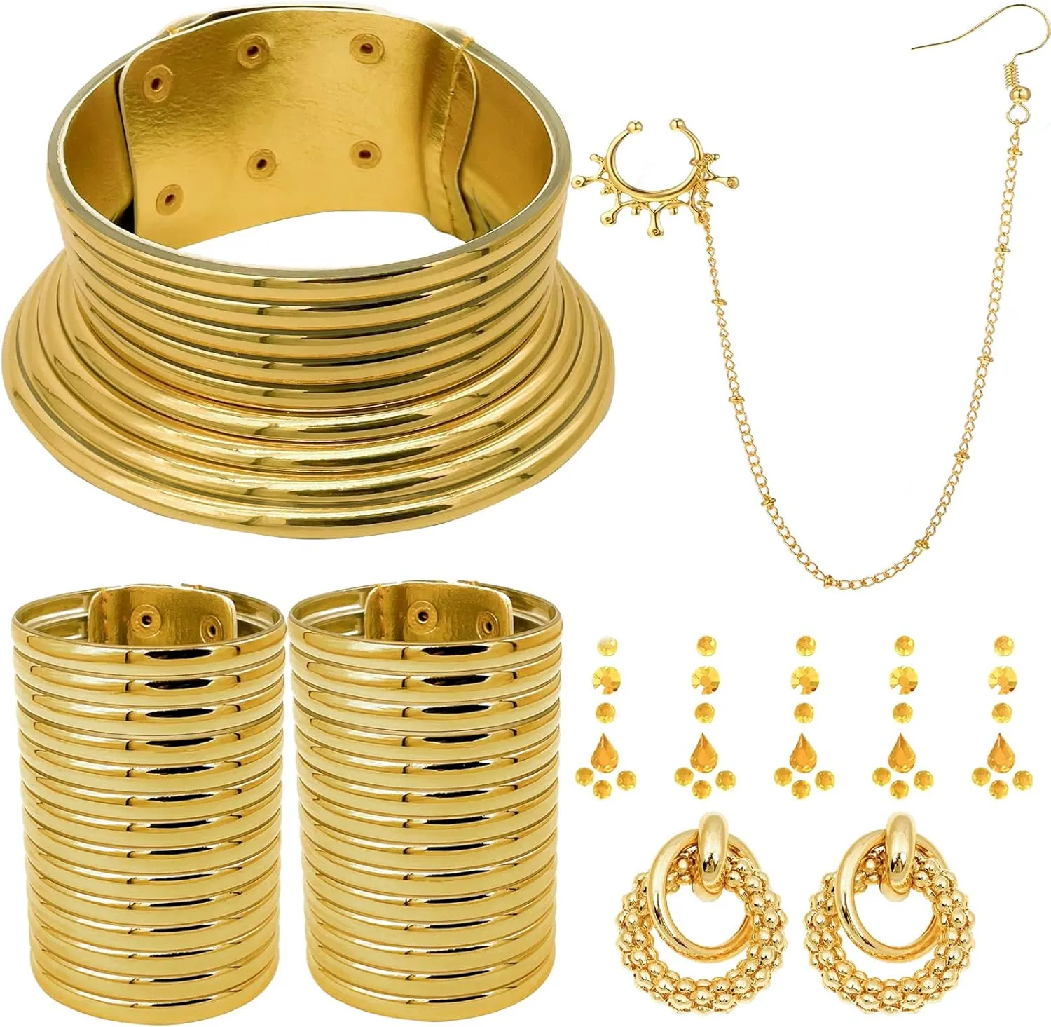 7 PCS African National Vintage Gold Flamboyant Jewelry Set Egypt Choker Bracelet African Nose Rings Hoop Chain Earrings for women
