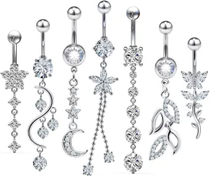 7PCS 14G 10mm Stainless Steel Dangle Belly Button Rings for Women Belly Piercing CZ Inlaid