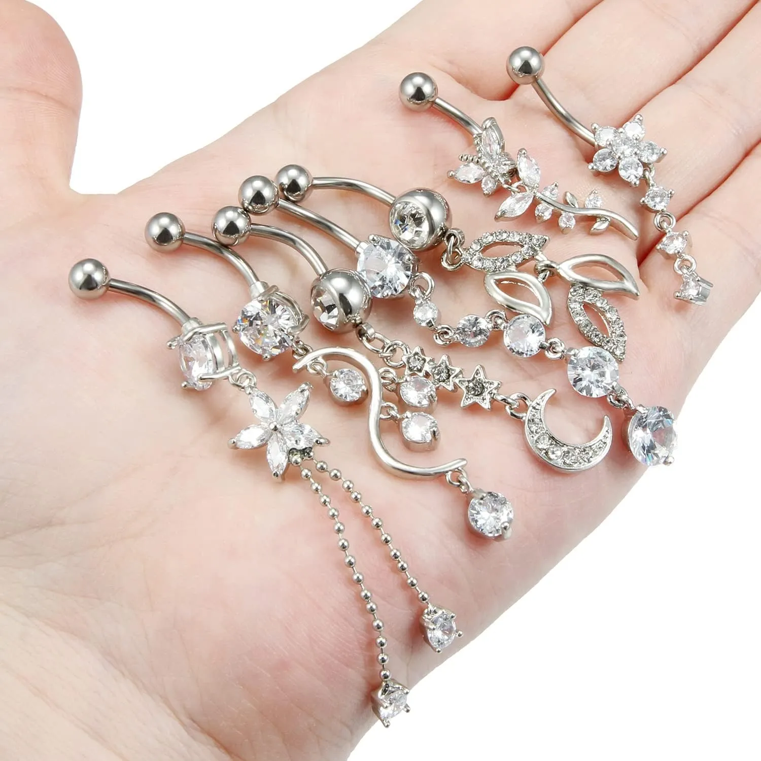 7PCS 14G 10mm Stainless Steel Dangle Belly Button Rings for Women Belly Piercing CZ Inlaid