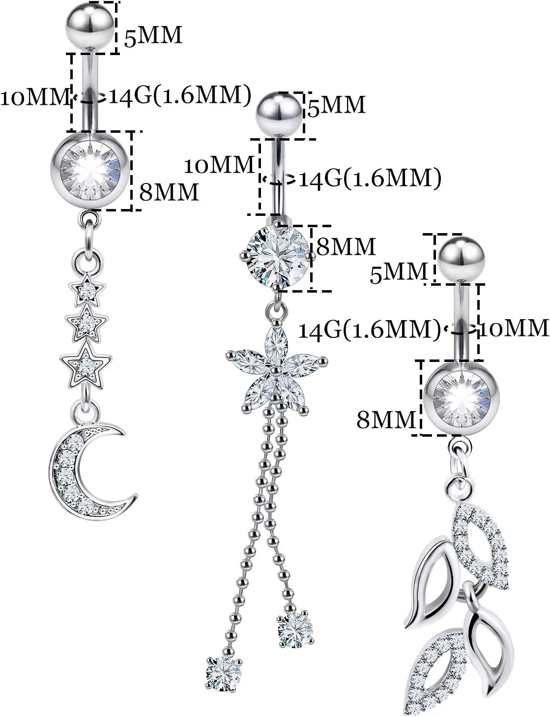 7PCS 14G 10mm Stainless Steel Dangle Belly Button Rings for Women Belly Piercing CZ Inlaid