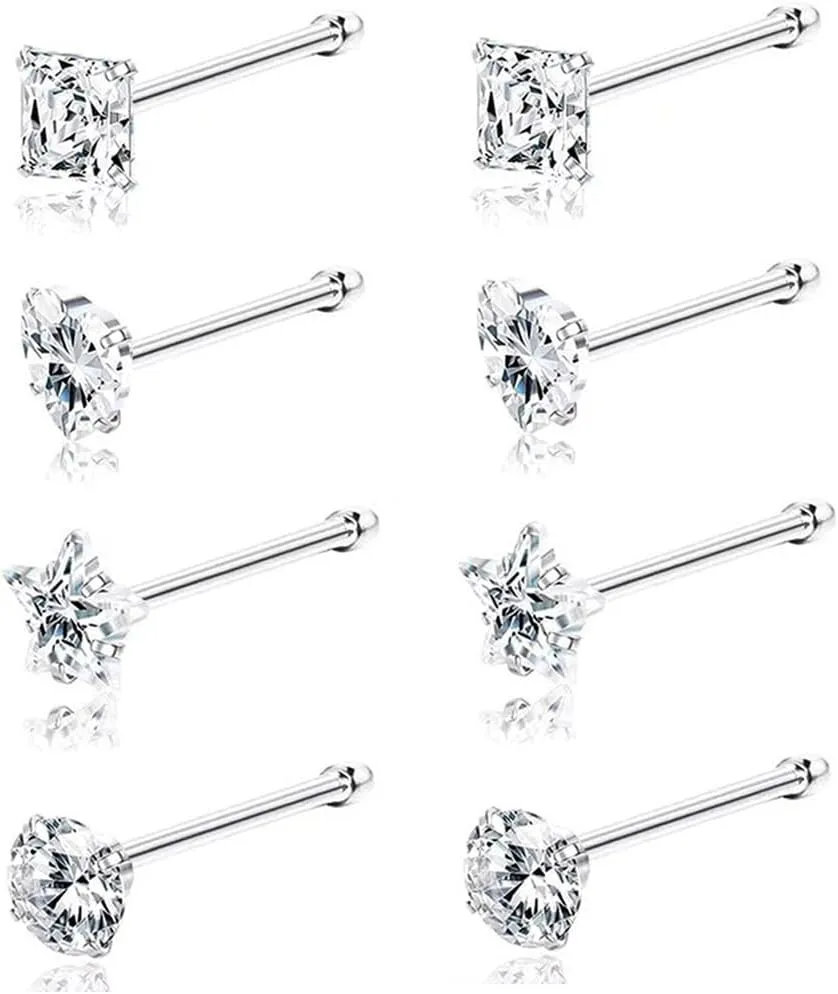 8-15Pcs 20G Nose Rings studs for Woman Hypoallergenic 316L Surgical Steel Nose Piercings Jewelry 2/3mm CZ L Shape Nose Rings 20 Gauge Nose Studs Nose Screw Studs Gold Silver